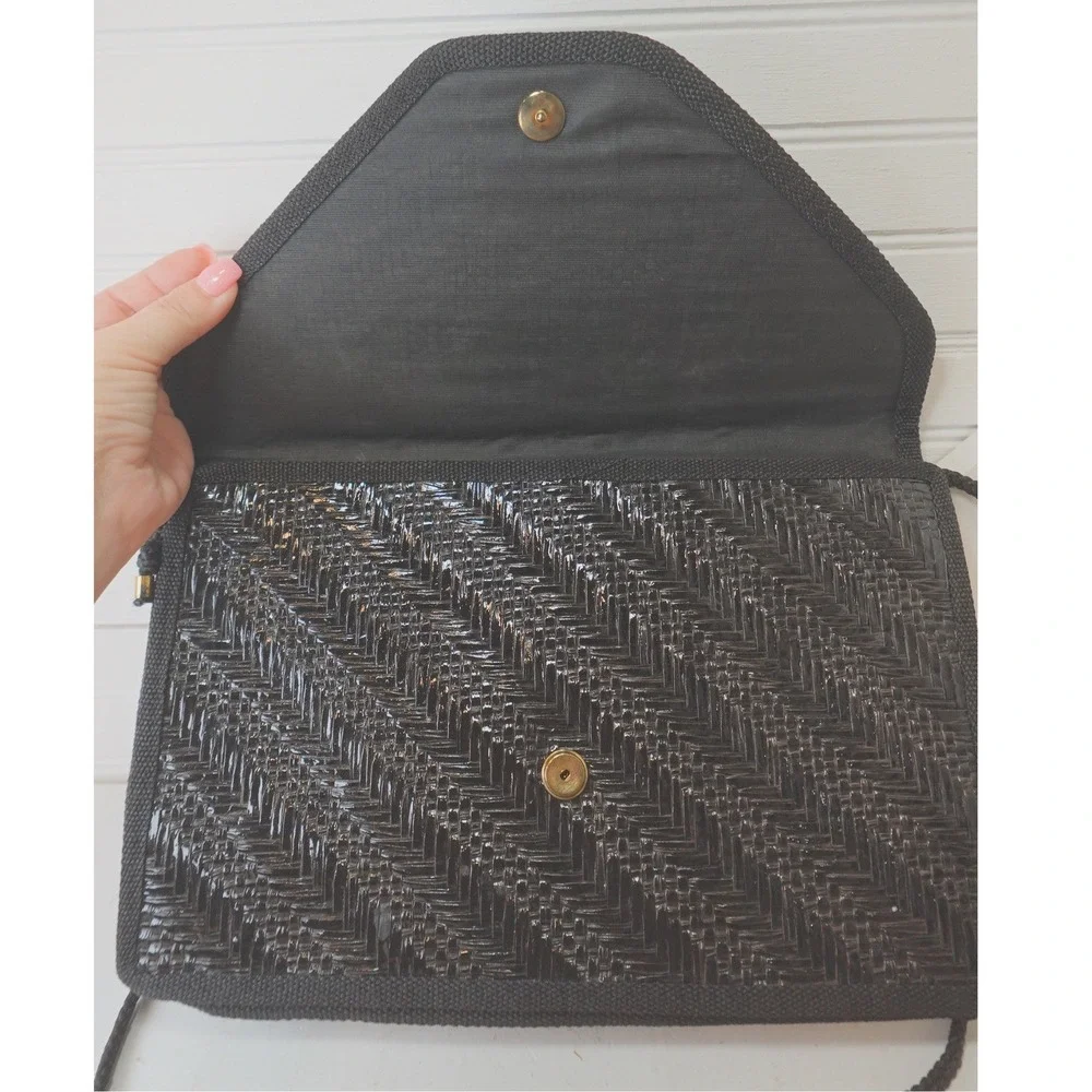Vintage Garfinckel's Raffia Woven Purse Made in Italy Large Black Shoulder Bag